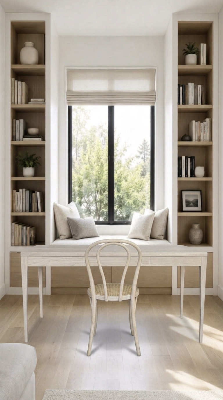 Adriana Easy Assembly in a window bay between bookshelves