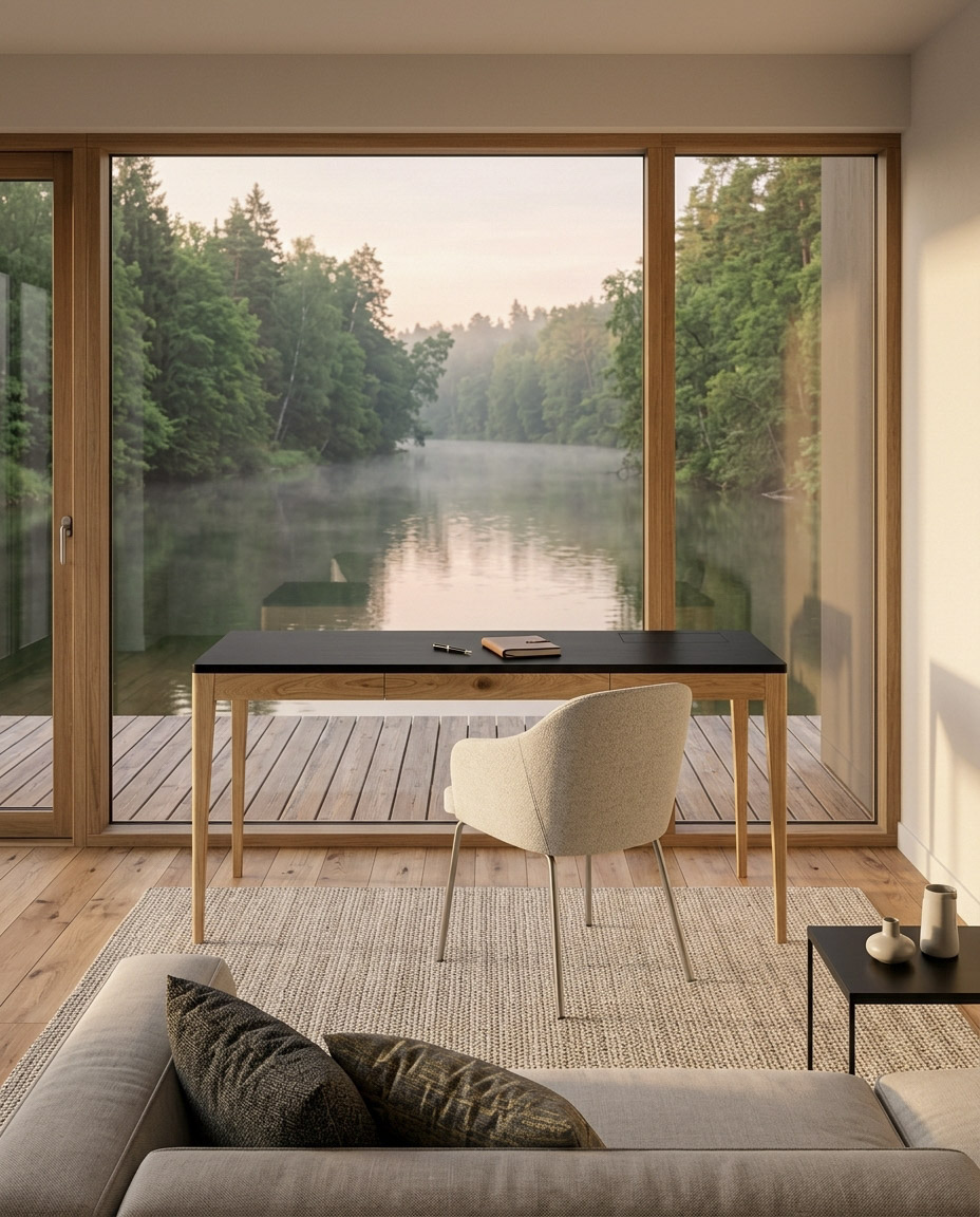 Adriana One-Piece in a room with a large window over a misty lake