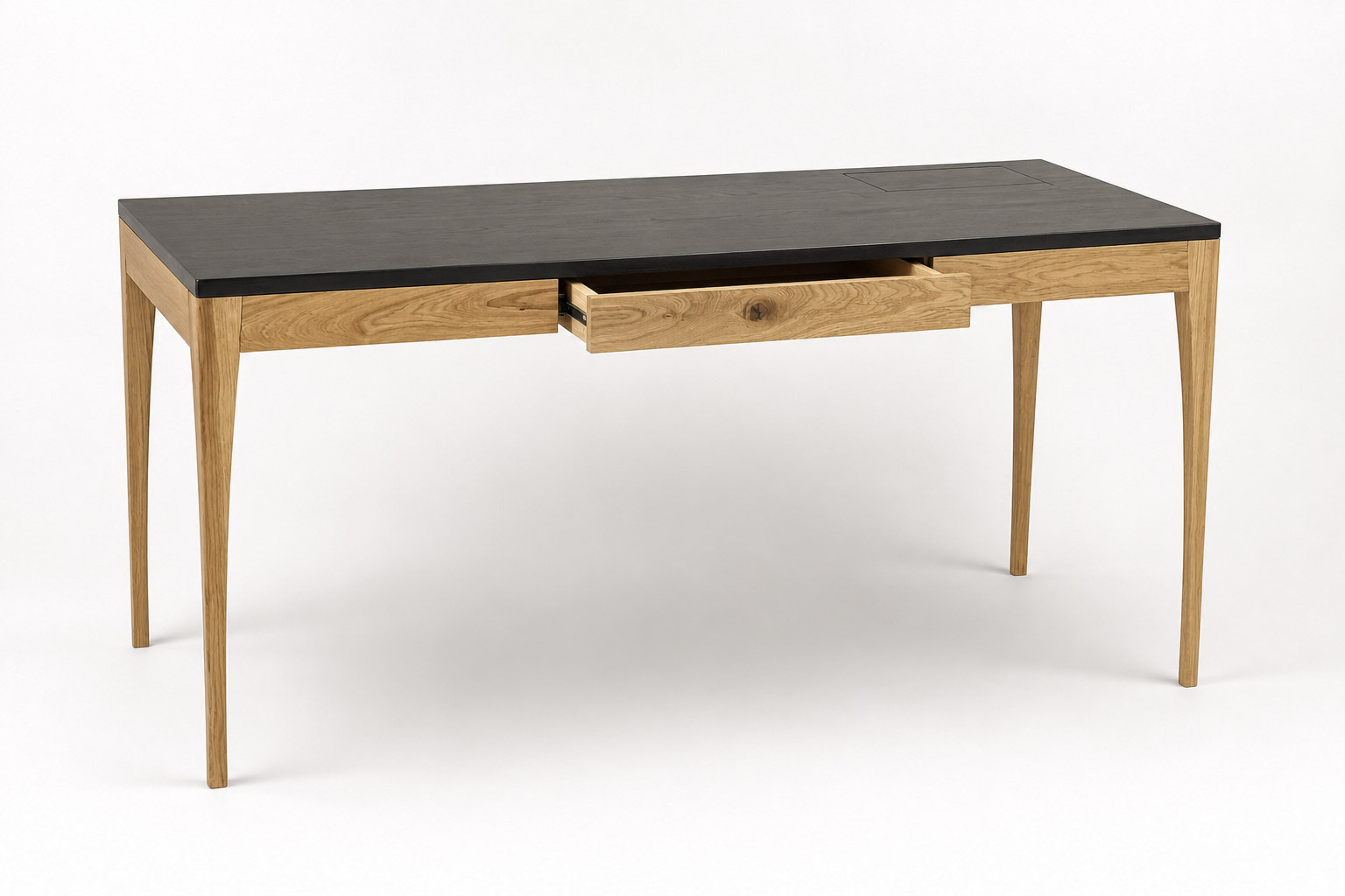Adriana One-Piece in two tones: a dark top on natural oak, with the drawer open