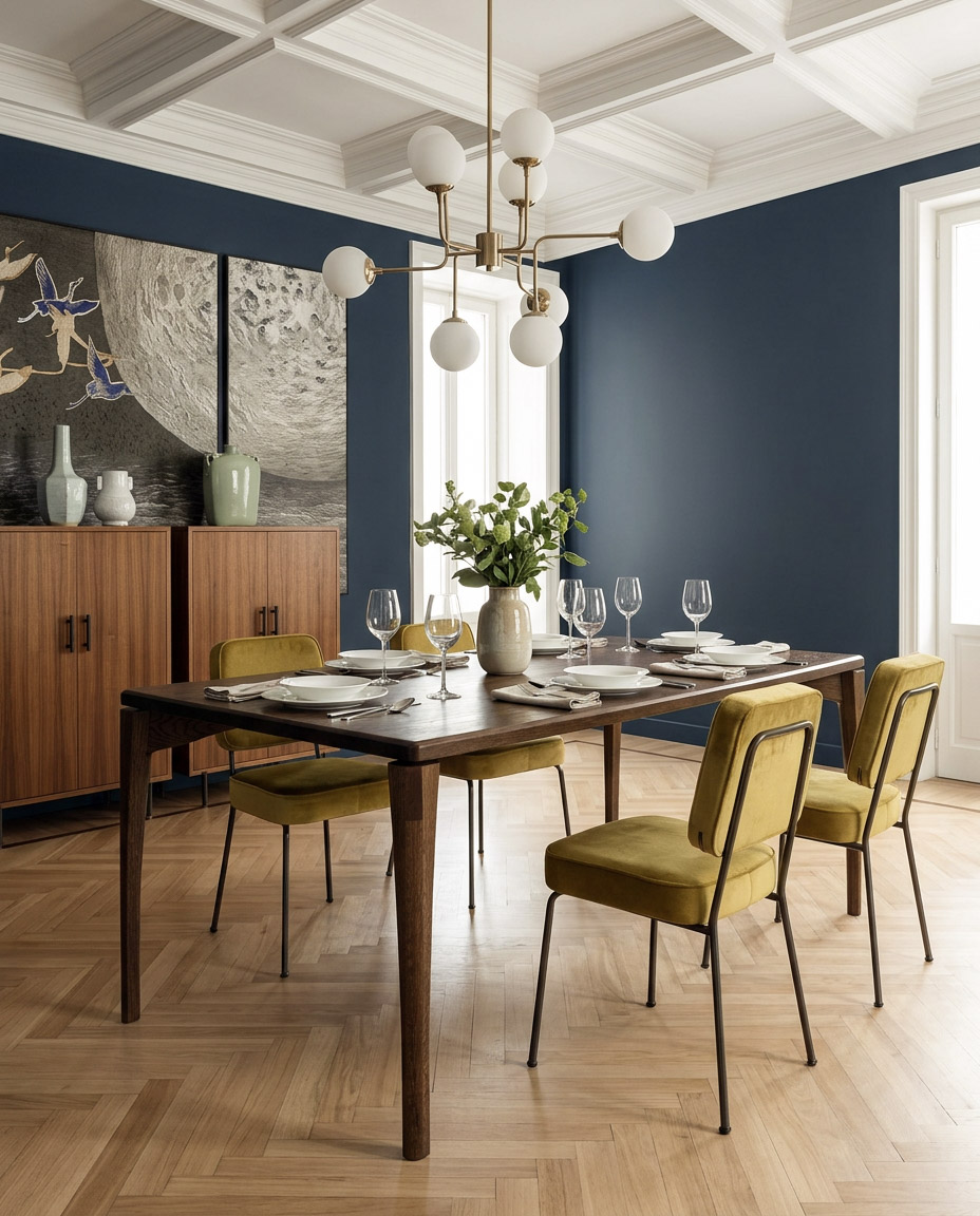 Catalina laid for dinner in a blue dining room with herringbone parquet and yellow velvet chairs
