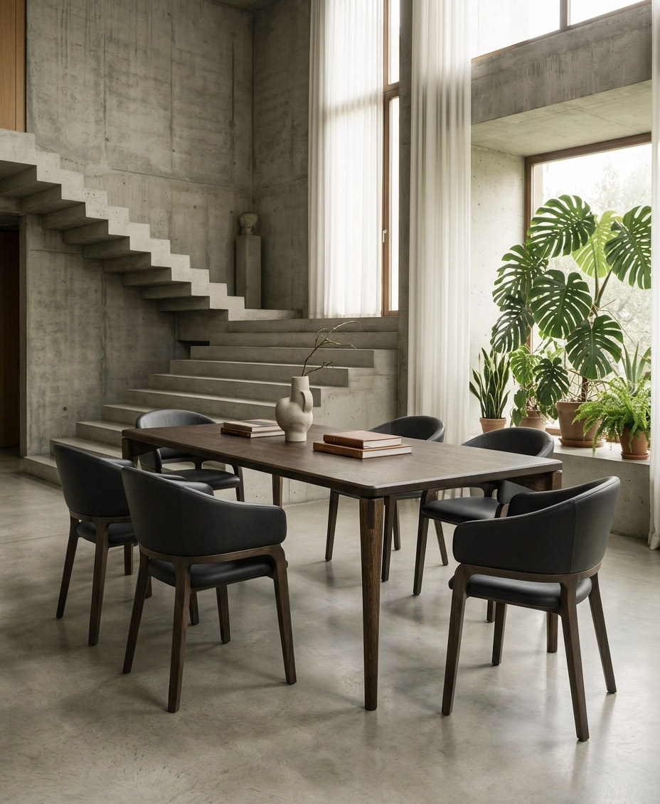 Catalina in a concrete-walled dining room beside a staircase, with black leather chairs