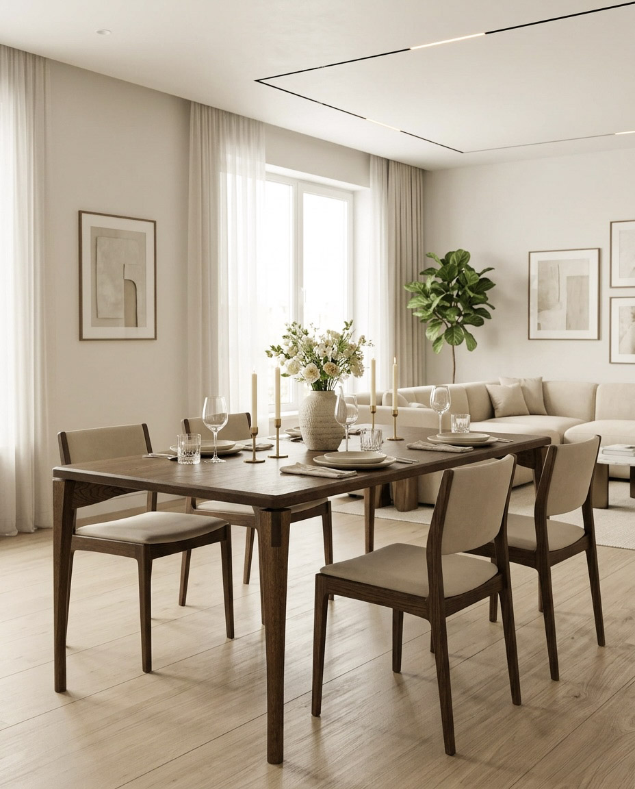 Catalina in a pale, sunlit open-plan living and dining room
