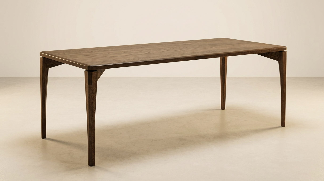 The Catalina dining table in full, showing the tapered legs and the proportions of the top