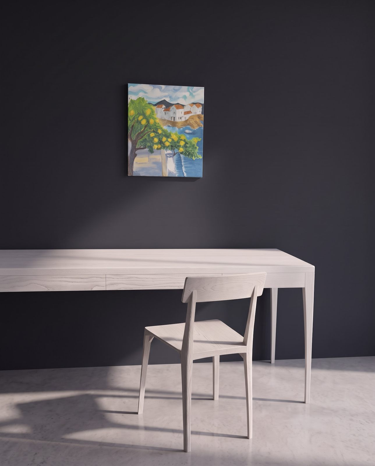 A walnut Pilar chair beside a table set with flowers