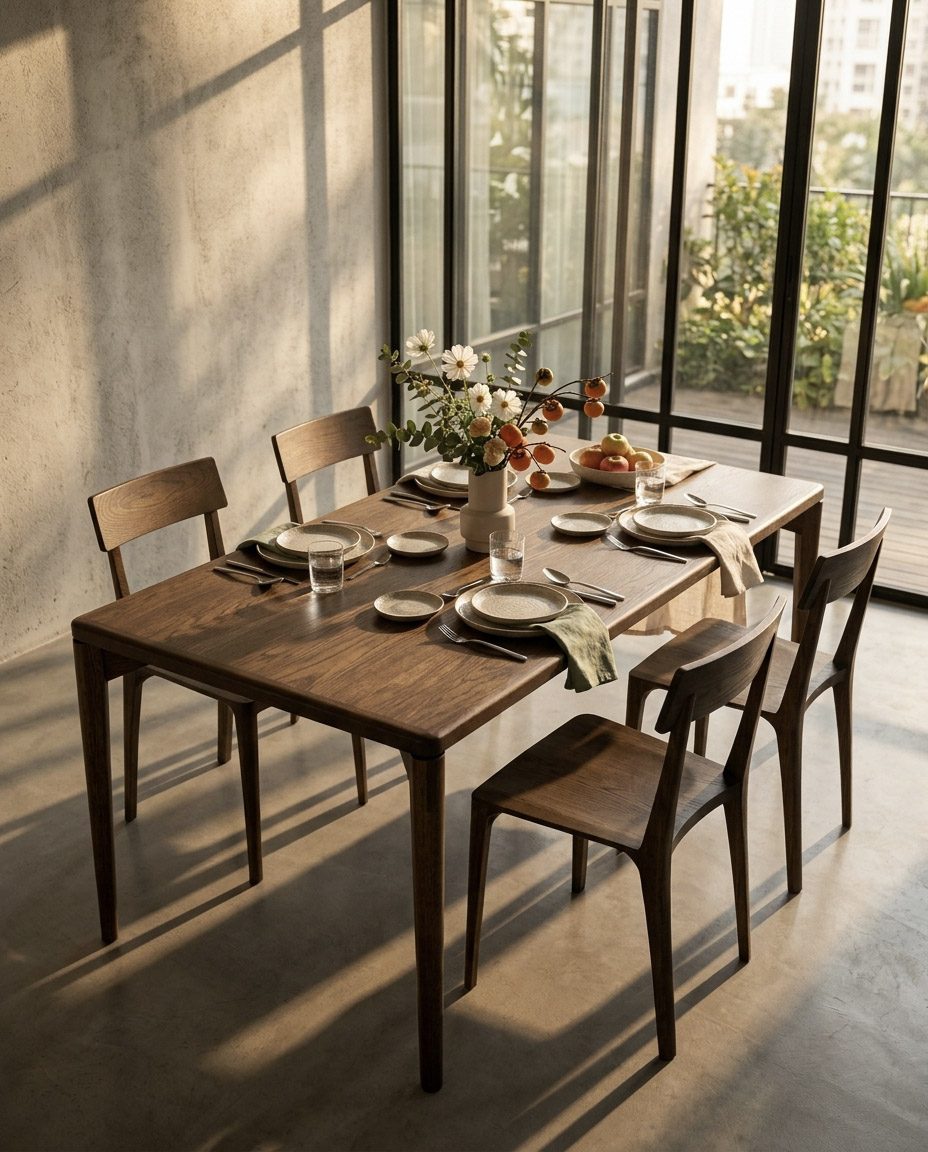 Pilar chairs around a walnut table in a loft with tall windows