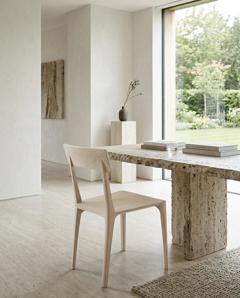 A pale Pilar chair at a round table in a calm, plastered room